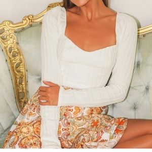 Free People Brittany White Ribbed Puff Sleeve Top